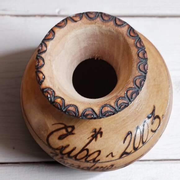 Vintage 2003 Cuba Varadero Wood Vase | Burned Palm Tree Art | Carved Souvenir - Picture 3 of 8